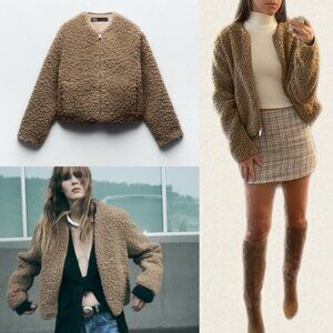 Zara Faux Sherling Teddy Sherpa Short Coat Jacket Tan Brown Size Small